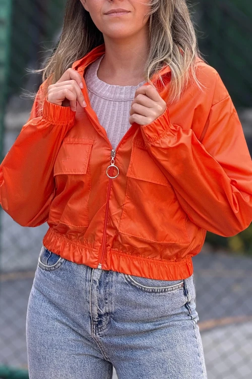 Kadın Oranj Cepli Fermuarlı Kapüşonlu Mevsimlik Mont HZL24W-DSB12501