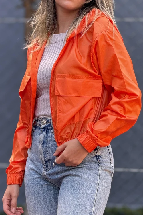 Kadın Oranj Cepli Fermuarlı Kapüşonlu Mevsimlik Mont HZL24W-DSB12501