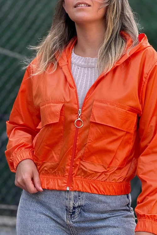 Kadın Oranj Cepli Fermuarlı Kapüşonlu Mevsimlik Mont HZL24W-DSB12501