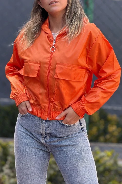 Kadın Oranj Cepli Fermuarlı Kapüşonlu Mevsimlik Mont HZL24W-DSB12501