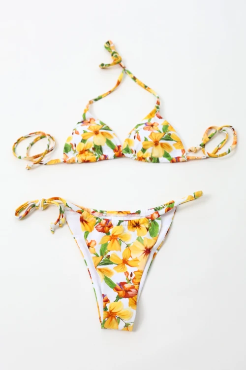 Kadın Oranj Çiçek Desenli Astarlı İp Bağlamalı Üçgen Bikini Takım HZL24S-LC2231