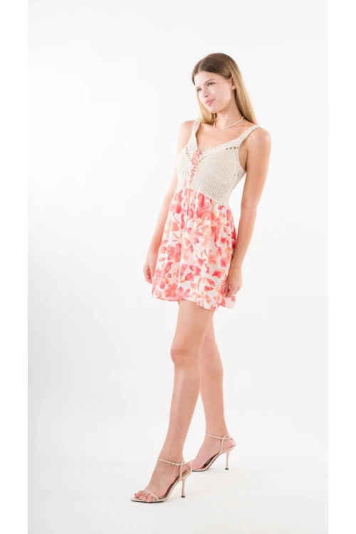 Kadın Oranj Önden İp Bağlamalı Ajurlu Model Saten Yüzeyli Mini Elbise HZL24S-YY250