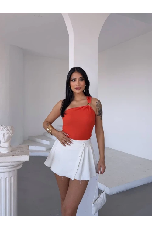 Kadın Oranj Tek Omuz Gold Metal Detaylı Bluz HZL25S-FRY123111