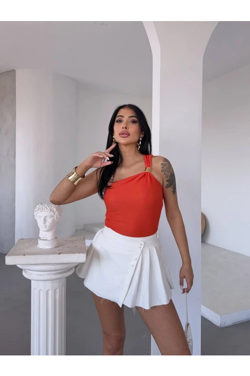 Kadın Oranj Tek Omuz Gold Metal Detaylı Bluz HZL25S-FRY123111