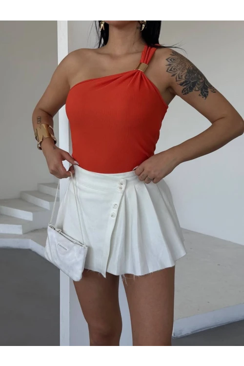 Kadın Oranj Tek Omuz Gold Metal Detaylı Bluz HZL25S-FRY123111