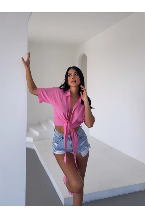 Kadın Pembe Bağlama Detaylı Müslin Keten Bluz HZL25S-DSB1212