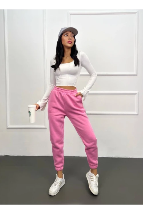 Kadın Pembe Cepli Beli Paçası Lastikli 3 İplik Şardonlu Eşofman Altı HZL24W-ZK12321