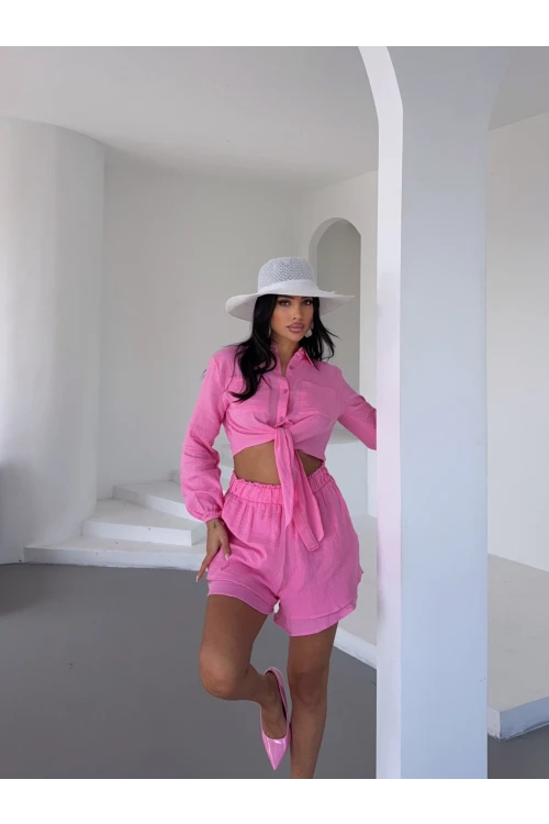 Kadın Pembe Müslin Keten Şort Gömlek Alt Üst Takım HZL25S-DSB1012