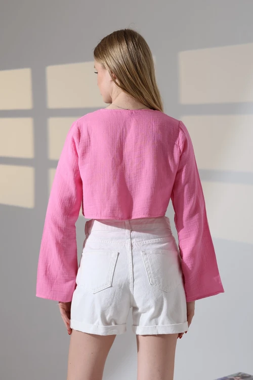 Kadın Pembe Önden Bağlamalı Müslin Kumaş Crop Bluz HZL25S-DSB104071