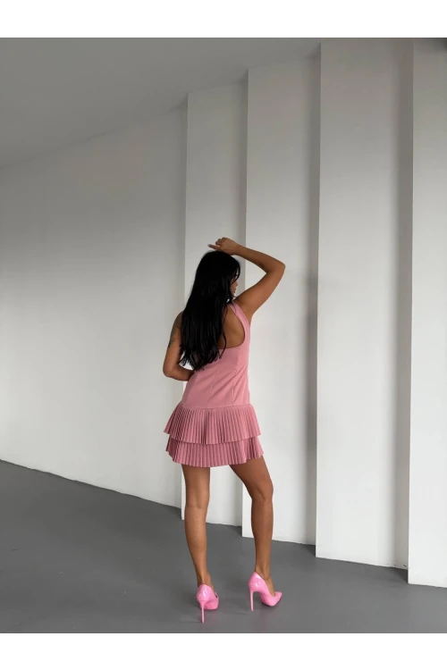Kadın Pembe Pileli Şortlu Mini Elbise HZL25S-FRY122991
