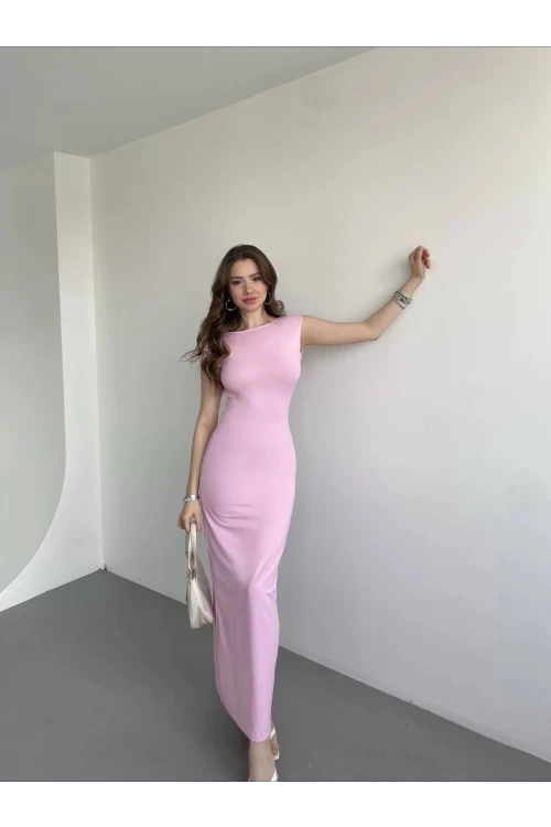 Kadın Pembe Sırt Dekolteli Yumuşak Dokulu Elbise HZL25S-ZK13321