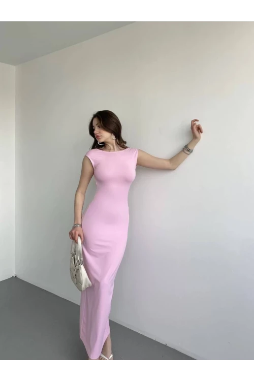 Kadın Pembe Sırt Dekolteli Yumuşak Dokulu Elbise HZL25S-ZK13321