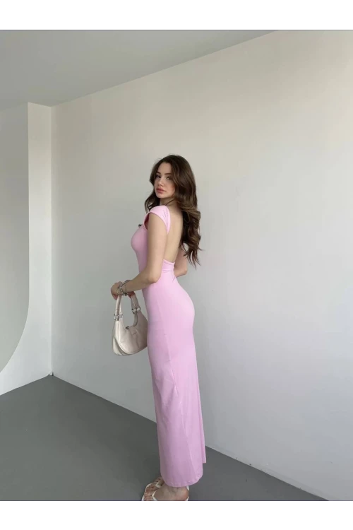 Kadın Pembe Sırt Dekolteli Yumuşak Dokulu Elbise HZL25S-ZK13321
