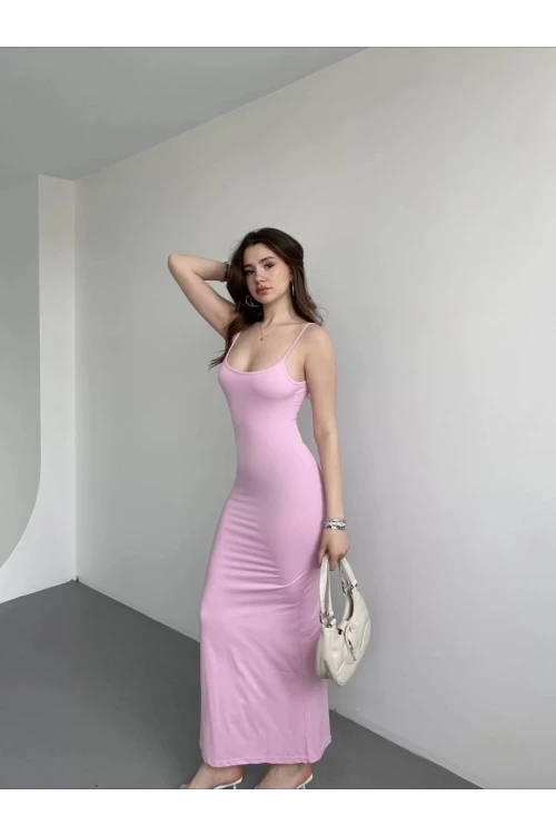 Kadın Pembe Sırtı Açık Yumuşak Dokulu Elbise HZL25S-ZK13281