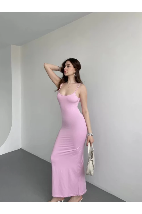 Kadın Pembe Sırtı Açık Yumuşak Dokulu Elbise HZL25S-ZK13281
