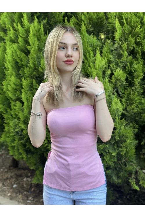 Kadın Pembe Yanı Büzgülü Çift Yırtmaçlı Straplez Bluz HZL24S-ZK13091