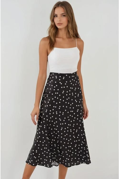 Kadın Puantiyeli Siyah Saten Yüzeyli Beli Lastikli Midi Boy Etek Hzl23S-BD1101471