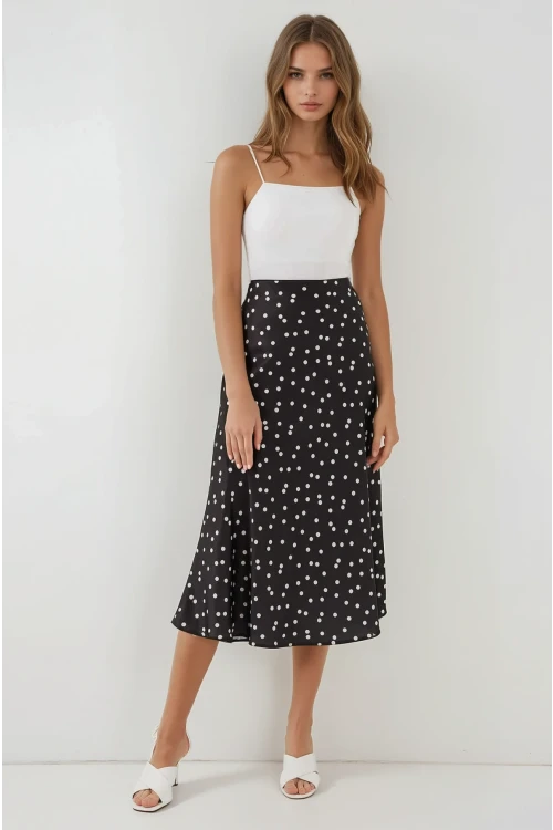 Kadın Puantiyeli Siyah Saten Yüzeyli Beli Lastikli Midi Boy Etek Hzl23S-BD1101471