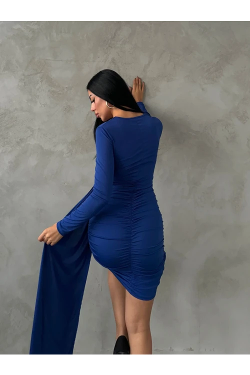 Kadın Saks Mavi V Yaka Toka Ve Büzgü Detaylı Elbise HZL25W-FRY122611