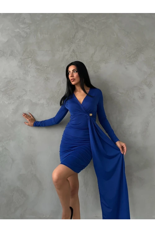 Kadın Saks Mavi V Yaka Toka Ve Büzgü Detaylı Elbise HZL25W-FRY122611