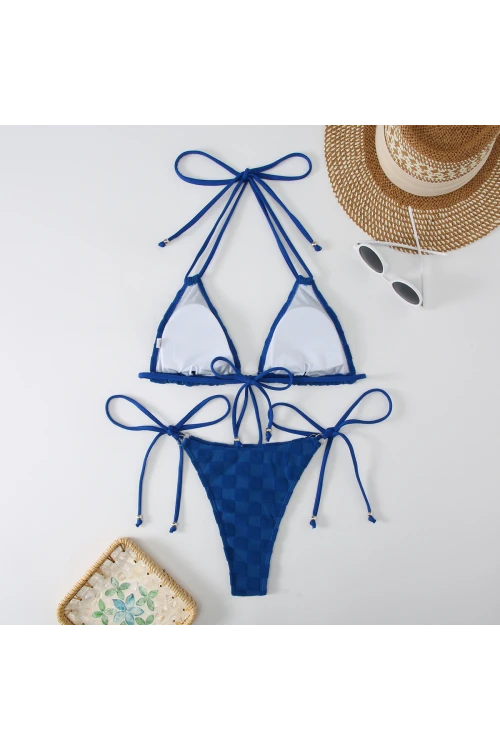 Kadın Saks Mavisi  İp Bağlamalı Aksesuarlı Astarlı Yüksek Bel Üçgen Bikini Takım HZL24S-LC2229