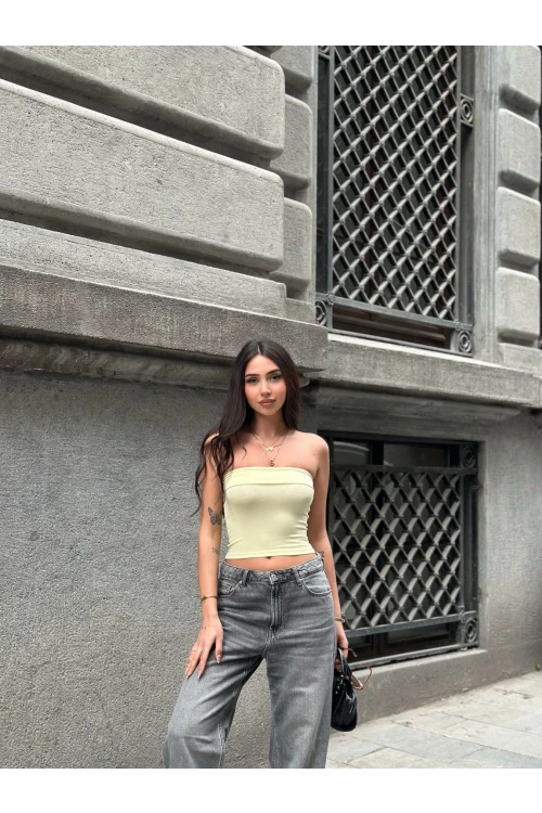 Kadın Sarı Katlamalı Straplez Bluz HZL24S-ZK11301