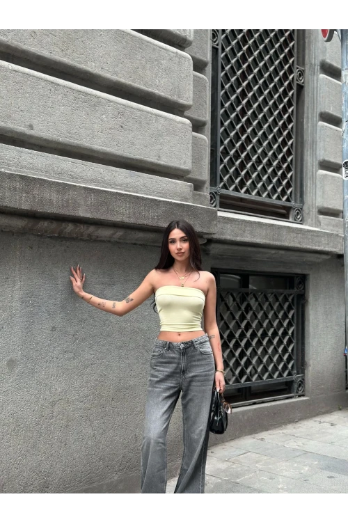 Kadın Sarı Katlamalı Straplez Bluz HZL24S-ZK11301