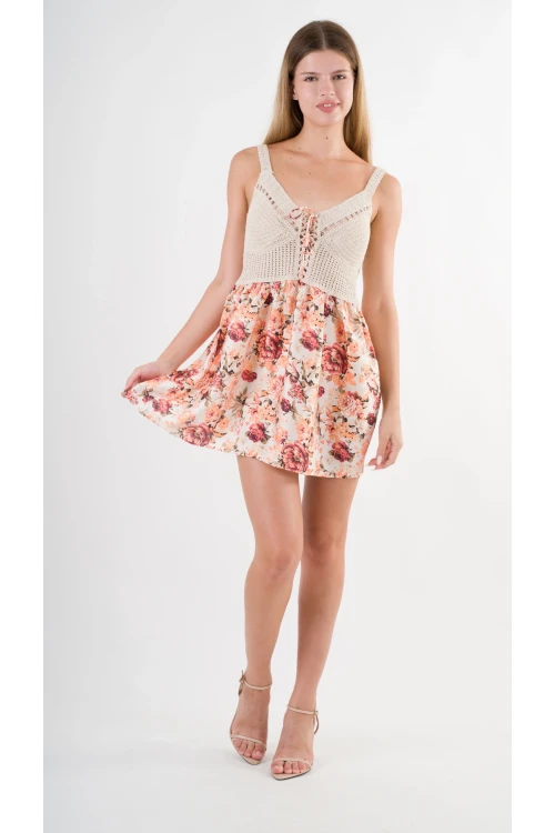 Kadın Sarı Önden İp Bağlamalı Ajurlu Model Saten Yüzeyli Mini Elbise HZL24S-YY250