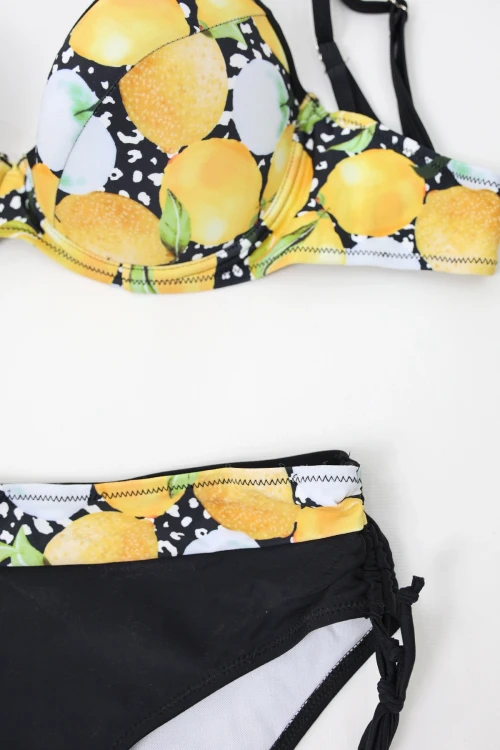 Kadın Sarı Siyah Limon Desenli İp Askılı Yüksek Bel Bikini Takım HZL24S-LC3348