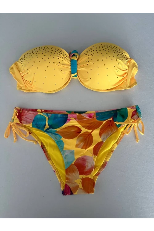 Kadın Sarı Taş İşlemeli Astarlı Bikini Takım HZL25S-LC207