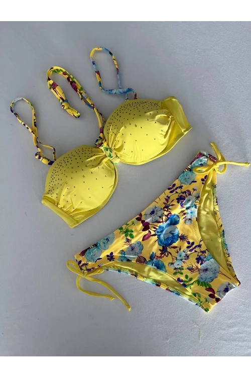 Kadın Sarı Taş İşlemeli Astarlı Bikini Takım HZL25S-LC208