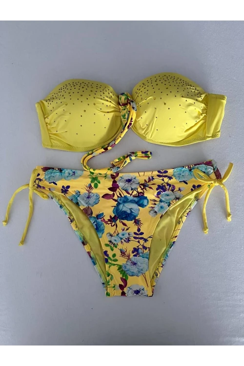 Kadın Sarı Taş İşlemeli Astarlı Bikini Takım HZL25S-LC208