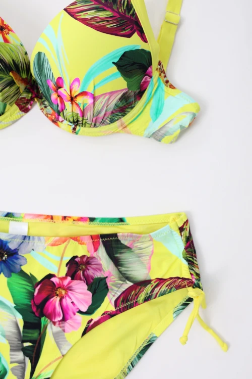 Kadın Sarı Yaprak Desenli Askılı Yüksek Bel Toparlayıcı Bikini Takım HZL24S-LC22625