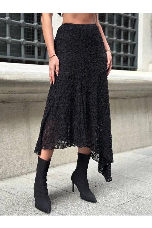 Kadın Siyah Asimetrik Kesim Astarlı Dantel Etek HZL25S-ZK13571