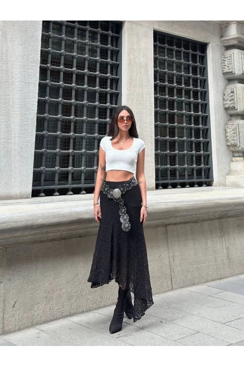 Kadın Siyah Asimetrik Kesim Astarlı Dantel Etek HZL25S-ZK13571