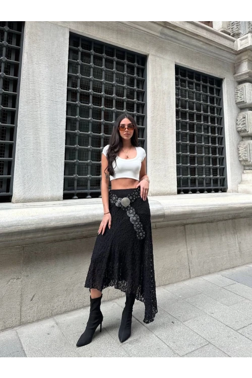Kadın Siyah Asimetrik Kesim Astarlı Dantel Etek HZL25S-ZK13571