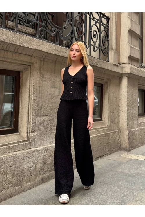 Kadın Siyah Beli Lastilkli Gofre Kumaş Pantolon HZL24S-ZK13261