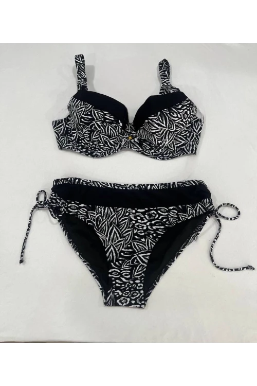 Kadın Siyah Beyaz Desenli Büyük Beden Astarlı Bikini Takım HZL25S-LC4006