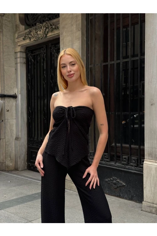 Kadın Siyah Boyundan Bağlamalı Staplez Bluz HZL25S-ZK13581