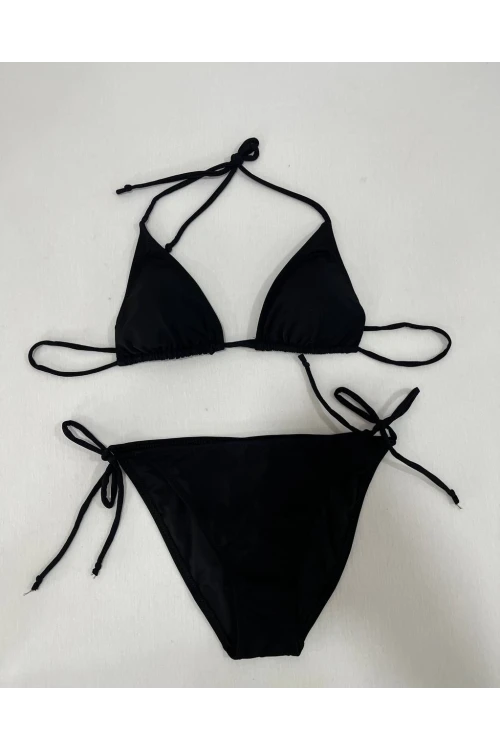 Kadın Siyah Boyundan İp Bağlamalı Üçgen Bikini Takımı HZL25S-LC5005