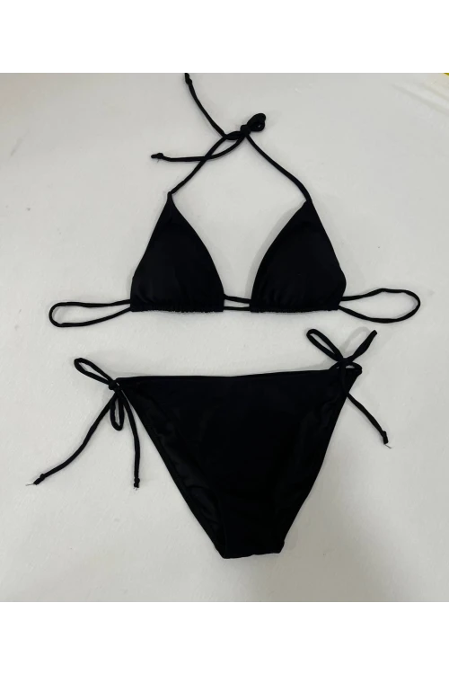 Kadın Siyah Boyundan İp Bağlamalı Üçgen Bikini Takımı HZL25S-LC5005