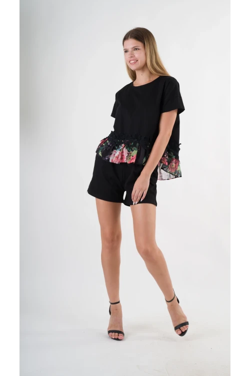 Kadın Siyah Dantel Çiçek Desenli Bisiklet Yaka Bluz HZL24S-YY256