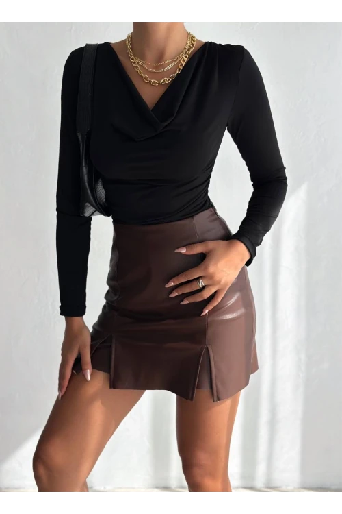 Kadın Siyah Degaje Yaka Yandan Büzgülü Uzun Kol Sandy Bluz HZL24W-FRY122481