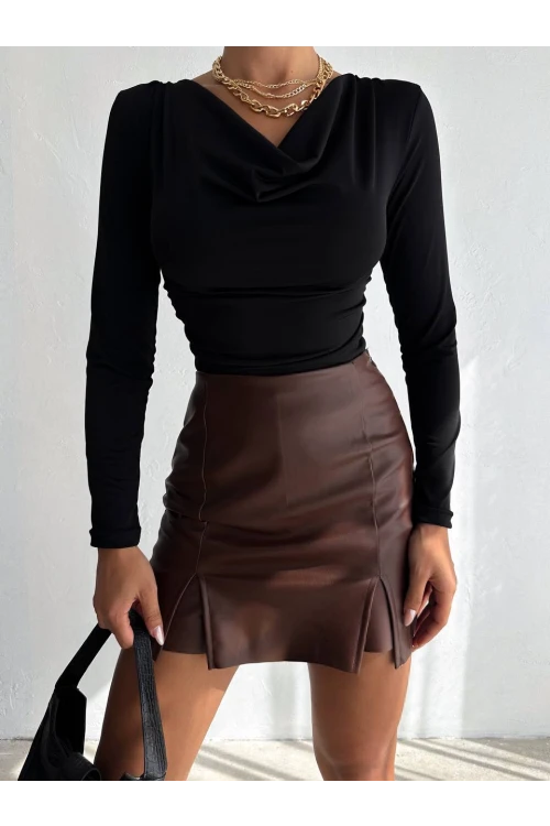 Kadın Siyah Degaje Yaka Yandan Büzgülü Uzun Kol Sandy Bluz HZL24W-FRY122481