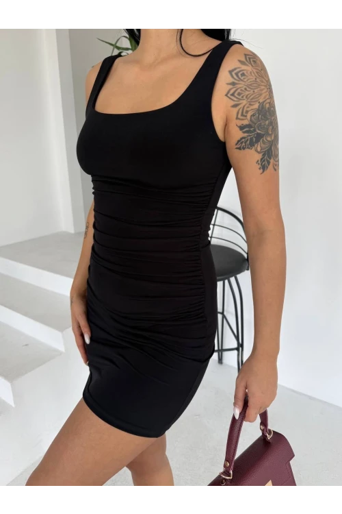Kadın Siyah Kalın Askılı Yanlardan Drapeli Mini Elbise HZL25S-FRY123081