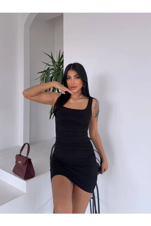 Kadın Siyah Kalın Askılı Yanlardan Drapeli Mini Elbise HZL25S-FRY123081