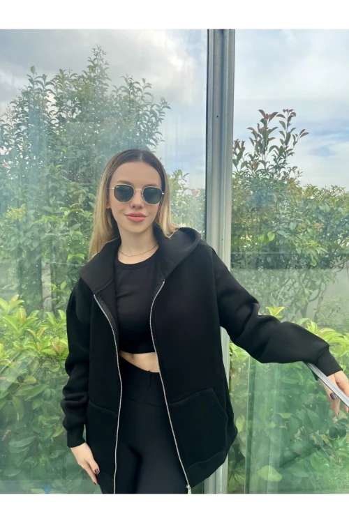 Kadın Siyah Kapüşonlu Fermuarlı Şardonlu Oversize Sweatshirt HZL24W-ZK146