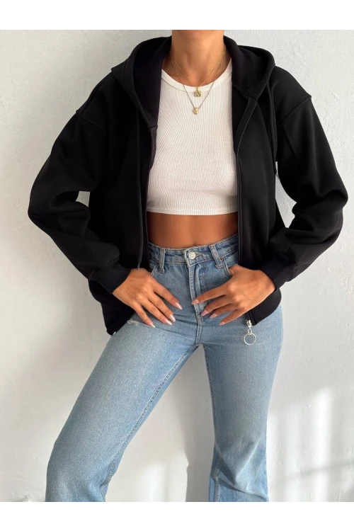 Kadın Siyah Kapüşonlu Fermuarlı Şardonlu  Sweatshirt HZL24W-FRY122561