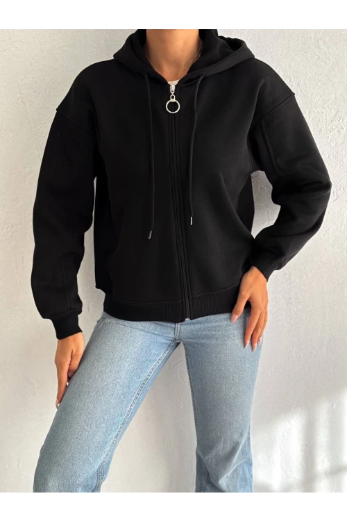 Kadın Siyah Kapüşonlu Fermuarlı Şardonlu  Sweatshirt HZL24W-FRY122561