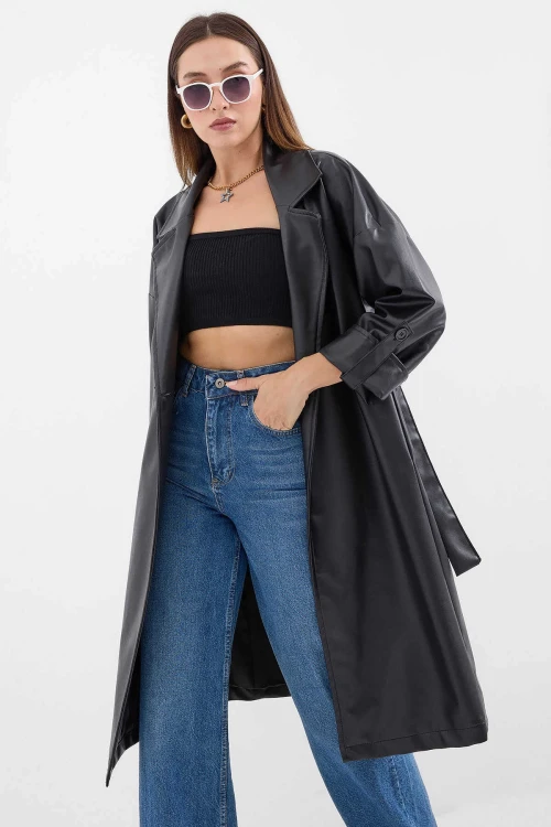 Kadın Siyah Kuşaklı Astarlı Subi Deri Trençkot HZL25W-BD110341